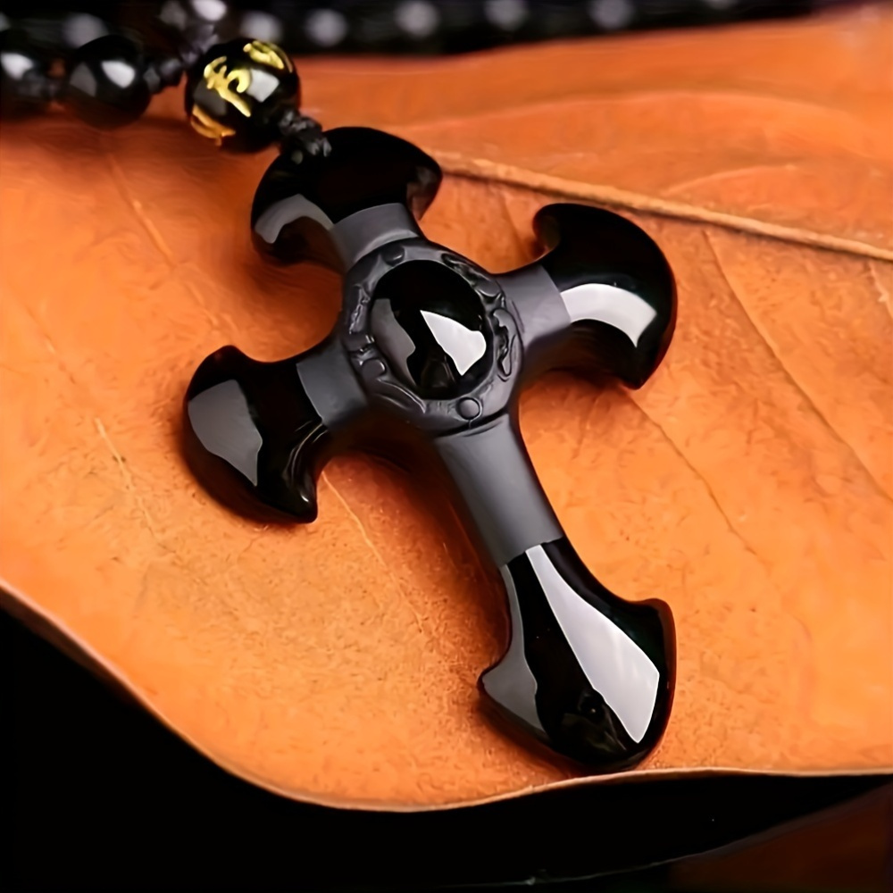 Black Obsidian Cross Necklace with Lucky Charm Pendant